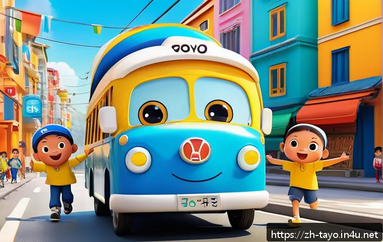 타요 등장인물 성격 비교 - A vibrant and cheerful animated small bus character named Tayo, shining bright yellow with big frien...