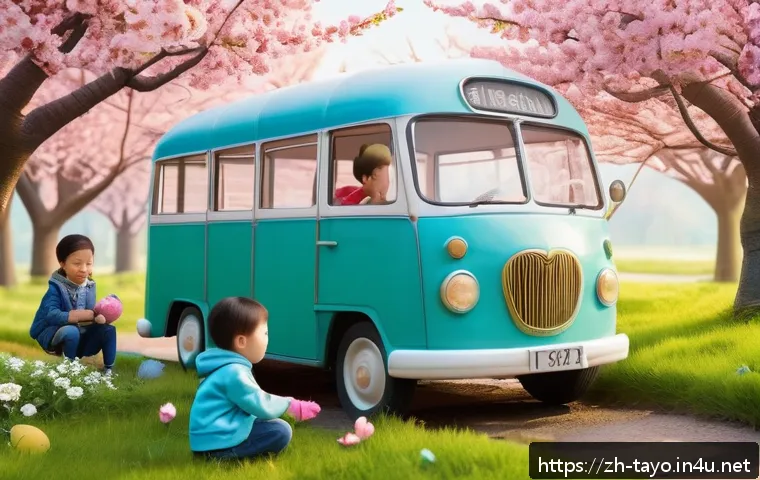 타요 시즌별 리뷰 - A charming spring scene featuring Tayo and friends as animated, colorful buses with friendly faces, ...