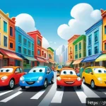 타요 어린이 도서 - A vibrant children’s storybook scene filled with brightly colored cartoon cars and playful children ...