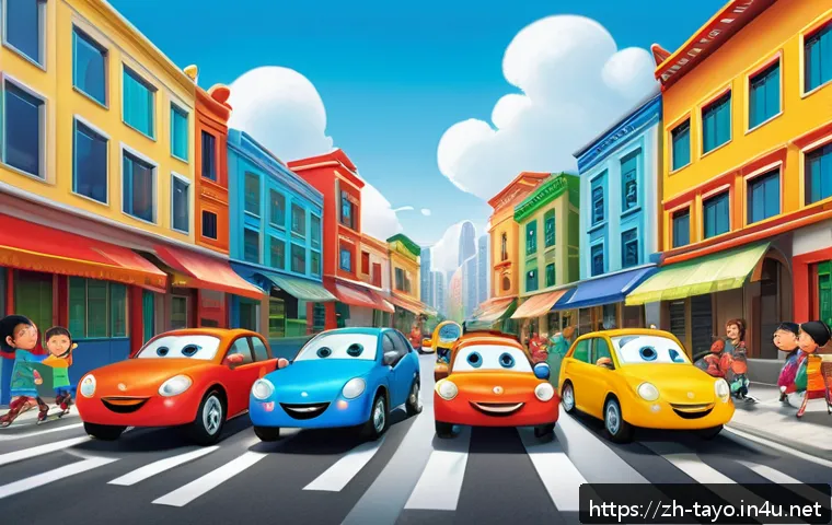 타요 어린이 도서 - A vibrant children’s storybook scene filled with brightly colored cartoon cars and playful children ...