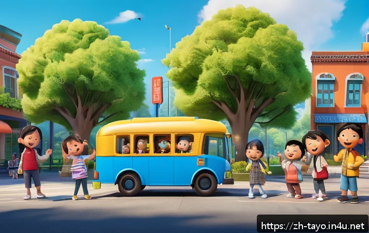 타요의 사회적 영향 - A lively and colorful scene featuring several animated bus characters from the show "타요" interacting...