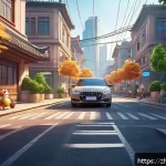 타요 애니메이션 리메이크 - A vibrant, high-resolution scene of a modern animated city street at dusk, showcasing intricate deta...