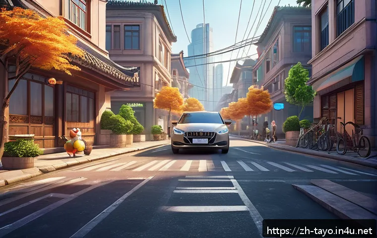 타요 애니메이션 리메이크 - A vibrant, high-resolution scene of a modern animated city street at dusk, showcasing intricate deta...