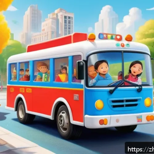 타요의 유행 키워드 - A vibrant urban street scene featuring colorful anthropomorphic vehicles designed for preschool chil...