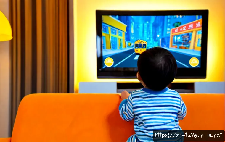 타요 영어 더빙 버전 - Photorealistic cozy family living room, a smiling young child wearing casual pajamas sits on a soft ...