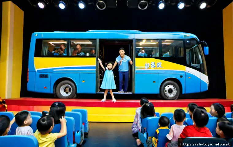 타요 라이브 이벤트 - Photorealistic family-friendly live children’s event in a bright indoor theater, a cheerful blue cit...