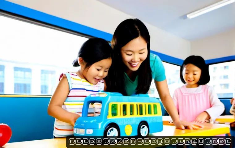타요와 어린이 놀이 활동 - Photorealistic preschool classroom activity, diverse young children wearing colorful casual clothes ...