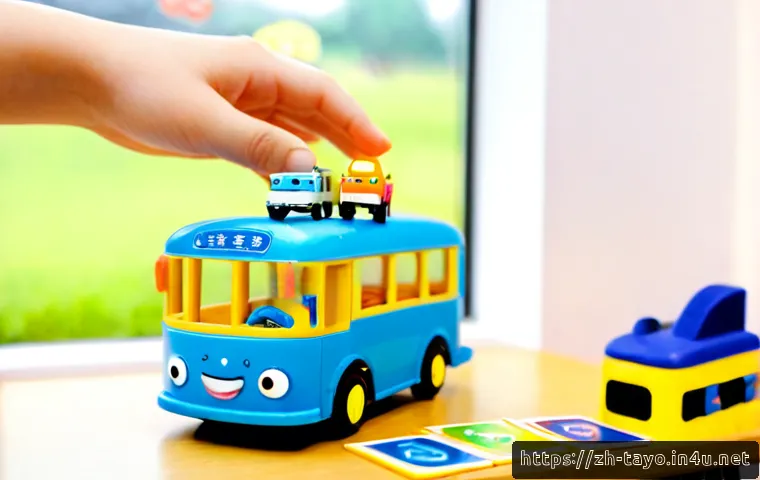 타요 캐릭터 심리학 - Photorealistic child psychology scene, a cheerful blue toy city bus with expressive cartoon-like eye...