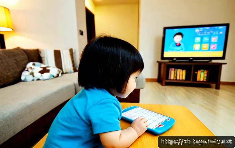 타요 재방송 일정 - Photorealistic cozy family living room in the early evening, a parent and young child seated on a so...