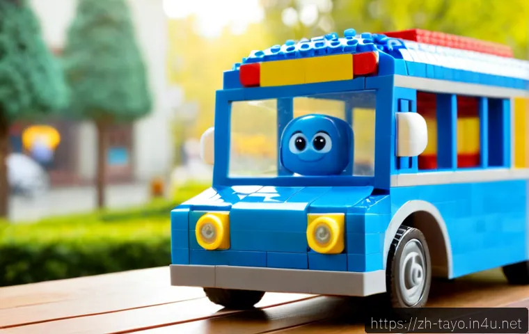타요 캐릭터 레고 - Photorealistic close-up of a cheerful blue toy city bus character built from colorful interlocking p...