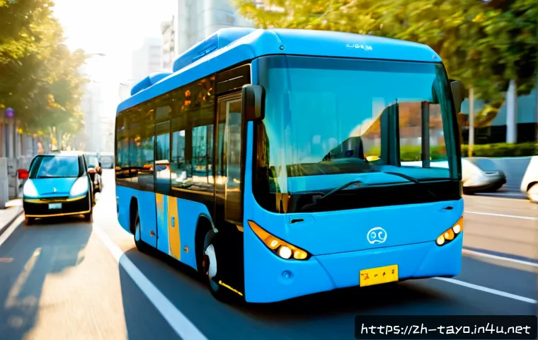 타요와 4차 산업 기술 - Photorealistic bright blue city bus with a friendly generic design, driving through a modern smart-c...