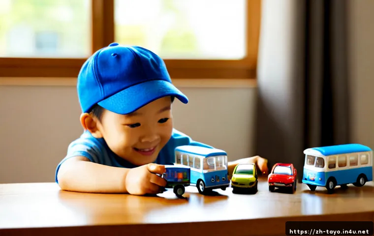타요의 팬 활동 - Photorealistic family-friendly scene of a young child wearing a plain blue cap and holding a small g...